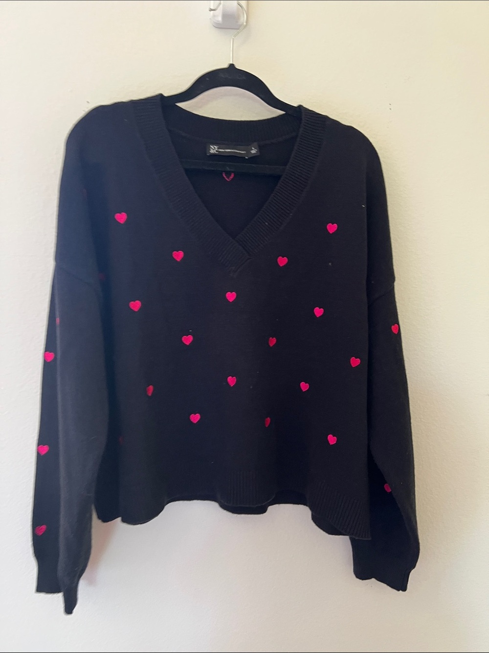 New York & Company Black V-Neck Sweater with Pink Heart Accents